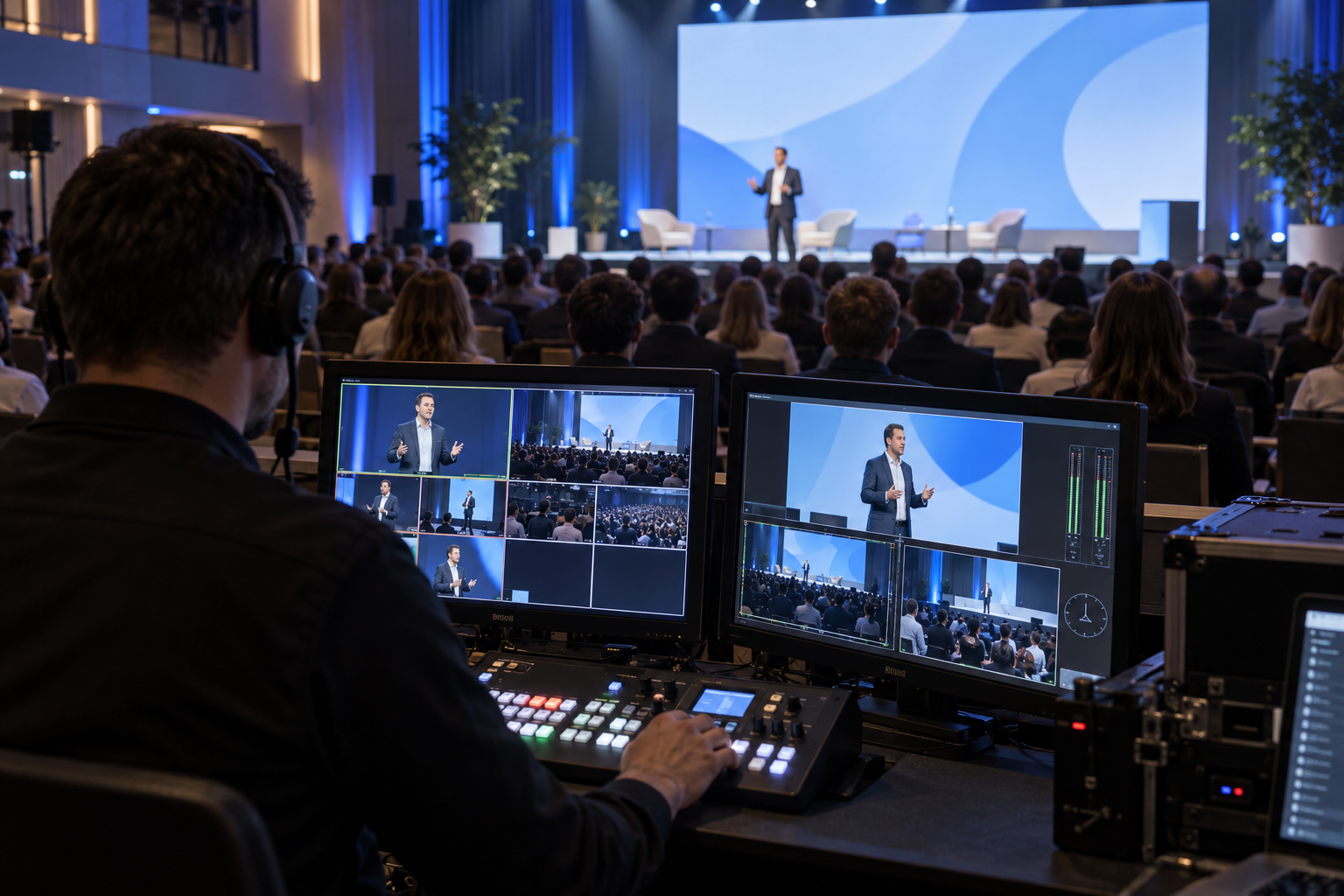 Imagen ilustrativa de la realización de un evento en directo, con público, escenario y monitores de vídeo
